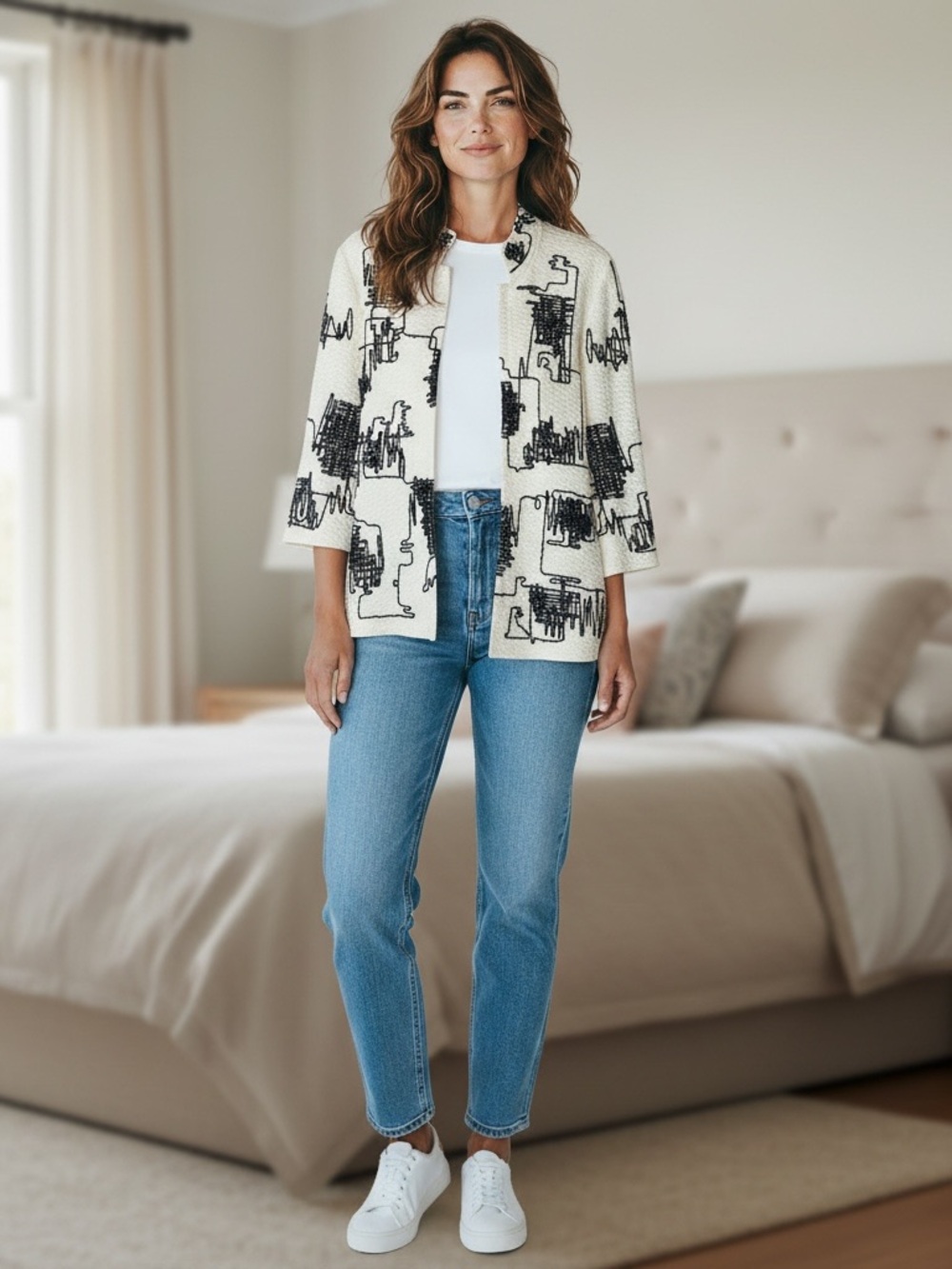 Ming Wang Ivory Open-Front Jacket with Black Abstract Pattern